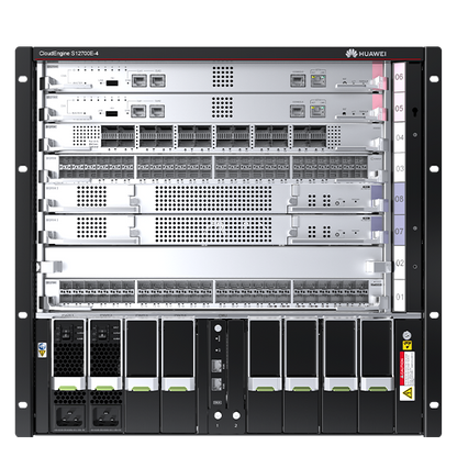 Switch Core Huawei S12700E-4 vista frontal completa com placas 100GE QSFP28 instaladas - Seminovo Outlet
